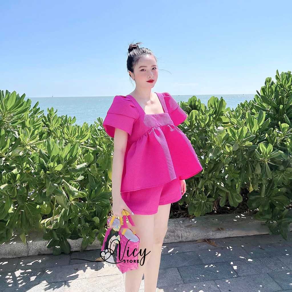 Set đồ nữ đi chơi áo babydoll quần short chất dạ xước, Set bộ dể thương Vicy SBO004