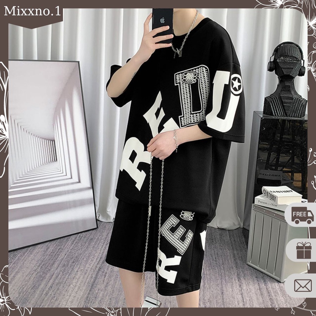 Bộ Đồ Nam Mùa Hè Áo Thun Tay Ngắn Cổ Tròn Kèm Quần Short Hình In Lớn REDU Thời Trang Mixxno.1 QA NAM 135