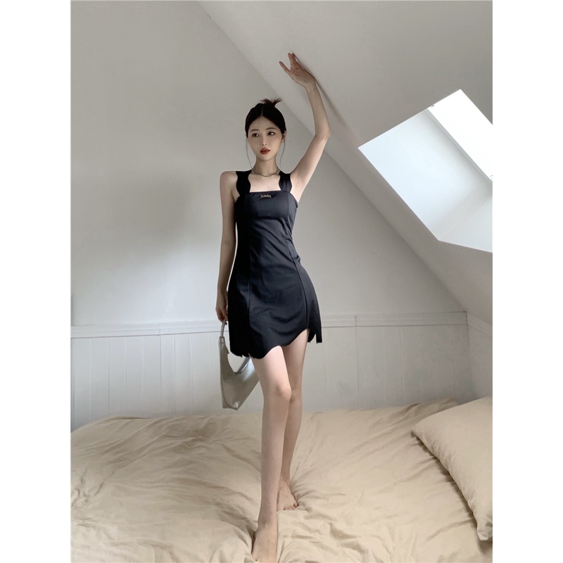 Lalisas Đầm Hai Dây Ôm Eo Màu Đen Thời Trang Mùa Hè Pháp