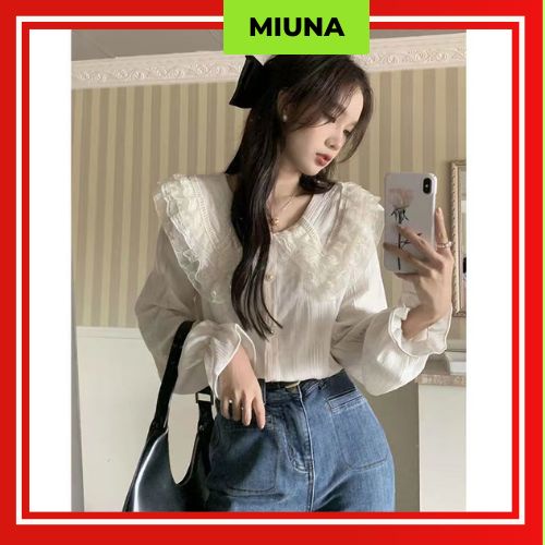 Áo sơ mi cách điệu Miuna có cổ bèo, Áo sơ mi công sở điệu đà tiểu thư sang chảnh phong cách Hàn Quốc