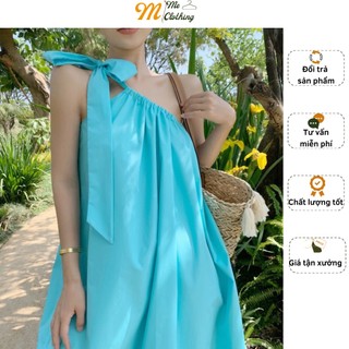 Đầm maxi đi biển hở lưng suông dáng dài nữ lệch vai thắt nơ xanh ngọc