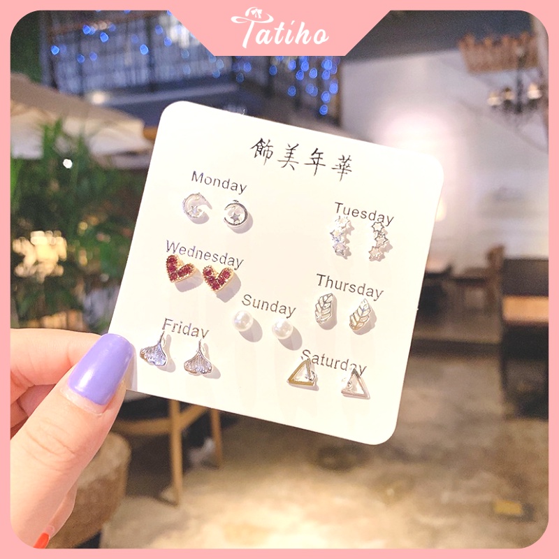 Set 7 đôi hoa tai nhiều mẫu, khuyên tai mạ bạc phong cách đơn giản - mã HT001