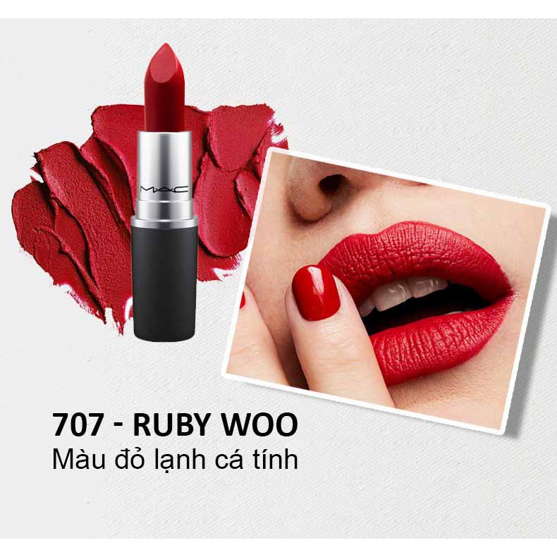 Son MAC ruby woo - Chili Full Size Bản Matte, Powder Kiss màu đẹp lâu trôi .❤