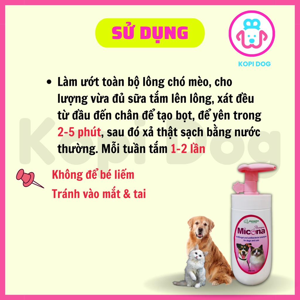 Sữa Tắm Nang Lông Viêm Da Nấm Da Cho Chó Mèo Micona Vemedim 200ml