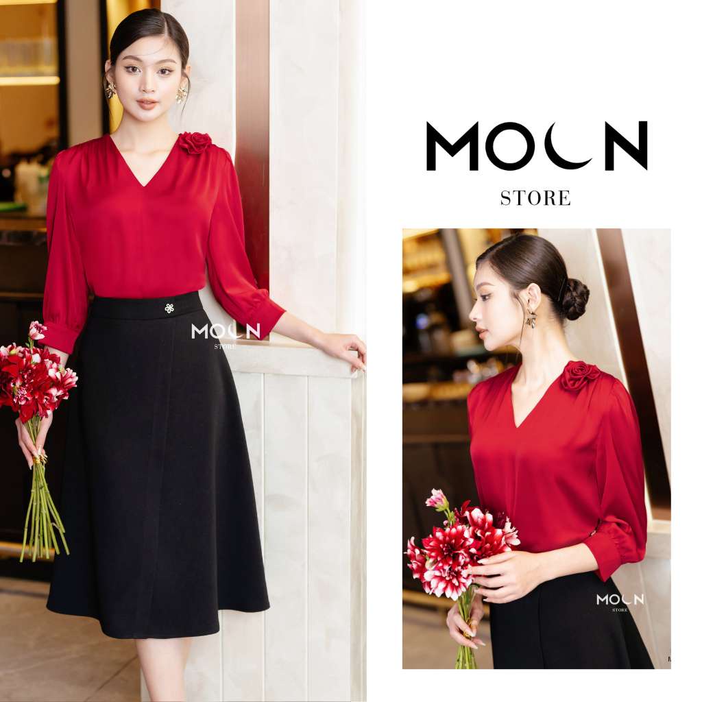 Áo dài tay chân váy công sở bán lẻ, áo vải chất lụa mix chân váy xoè tuyết mưa MA167 thiết kế Moon