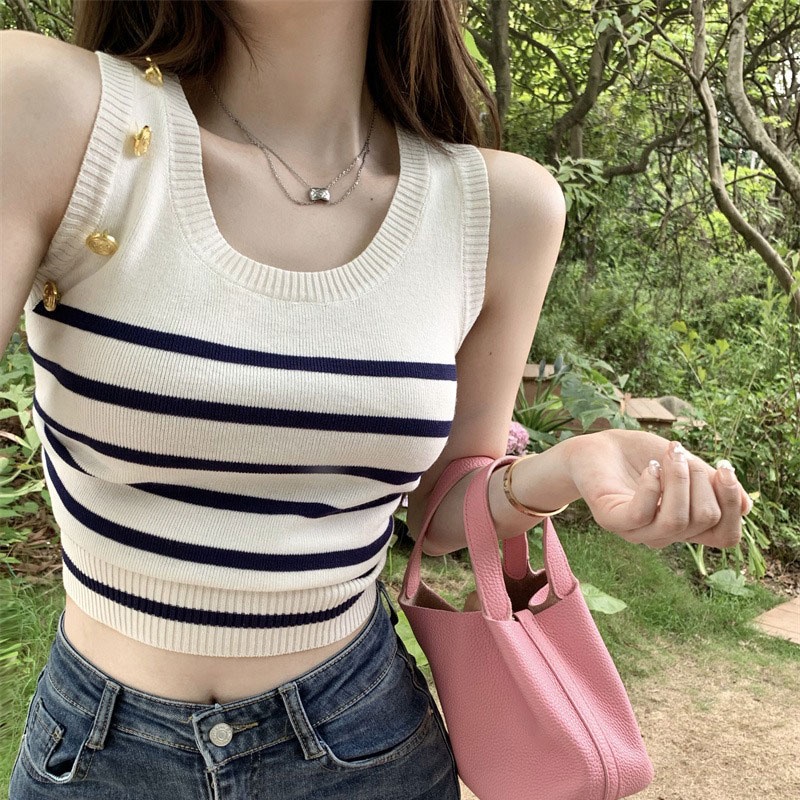 Áo Hai Dây Dệt Kim Họa Tiết Kẻ Sọc Thời Trang Hàn Quốc Mới Cho Nữ