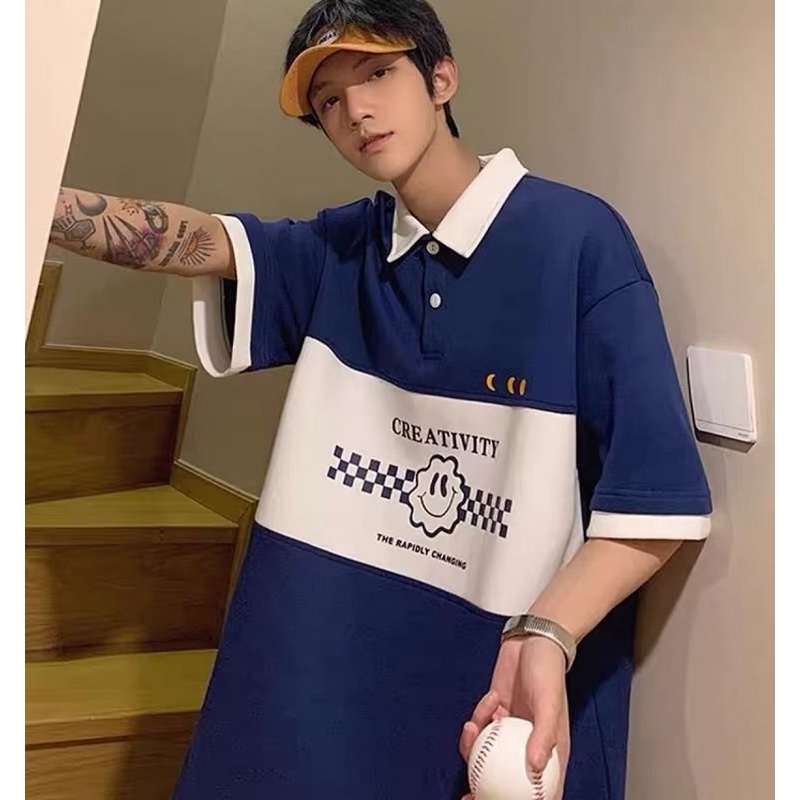 Áo Thun Polo Unisex ICON Dễ Thương Mix Màu Trắng/Xanh Form Rộng - CLITUS