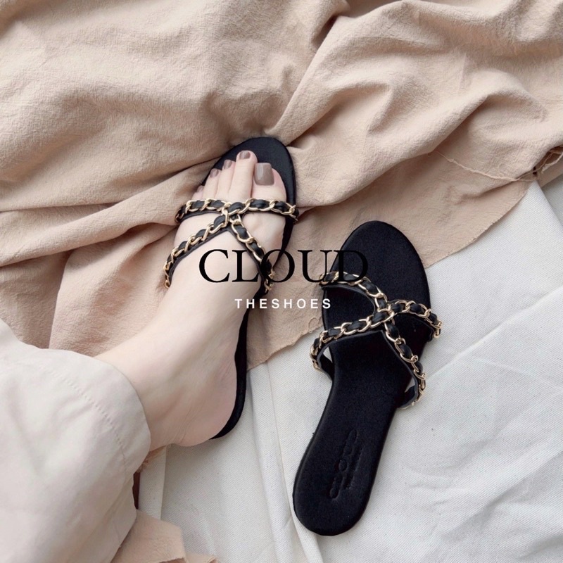 Dép bệt mũi tròn quai chéo xích vàng - chéo xoắn nơ