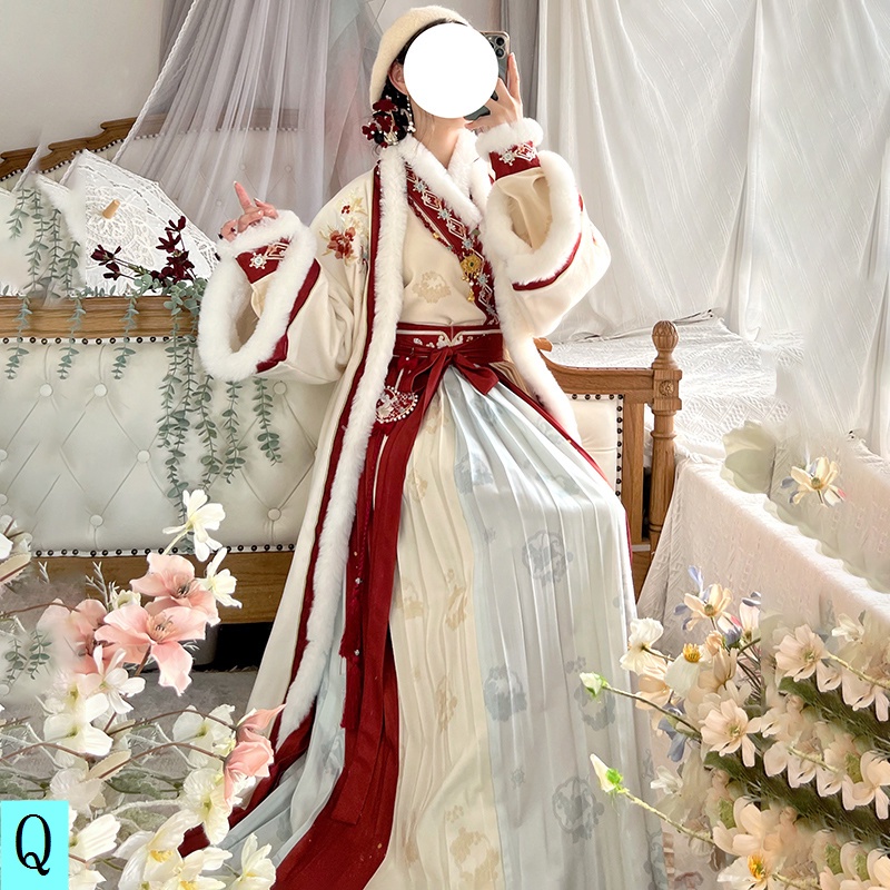 Áo Khoác Hán Phục Dáng Dài Đan Chéo Lót Lông Cừu Xếp Ly Cổ Chéo Thủ Công Mẫu Mới Phong Cách Trung Hoa Truyền Thống Cho Nữ Bộ Váy Áo Vest Thiết Kế Thanh Lịch Cho Nữ