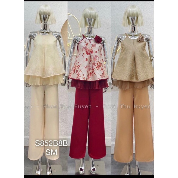 Set Bộ Lụa Cao Cấp Dự Tiệc S8528 ,Set Áo Yếm Hoa Xếp Ly 2 Lớp From Rộng Phối Bèo Mix Quần Suộng Kiểu Dáng Sang Chảnh
