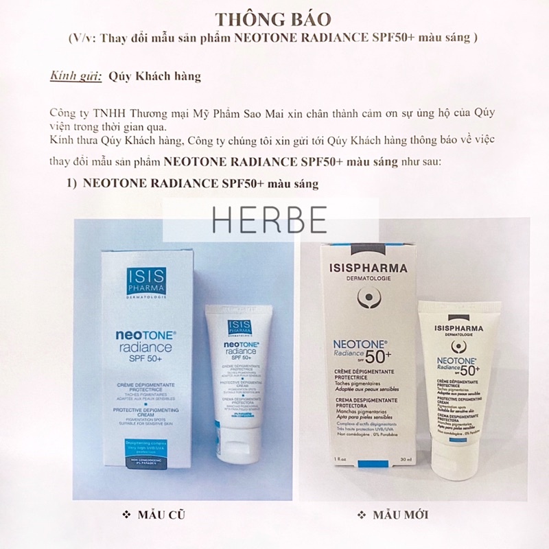 Kem dưỡng chống nắng ISIS PHARMA NEOTONE RADIANCE SPF50+