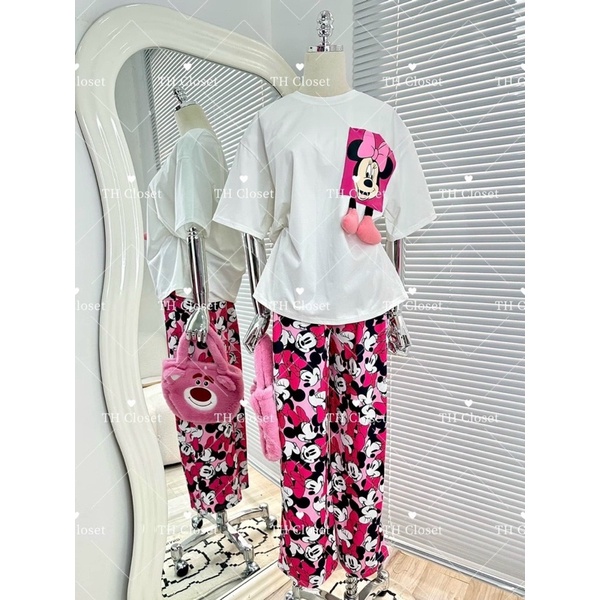 Set Bộ Thun Phông Micky Hồng Nổi Ống Xuông