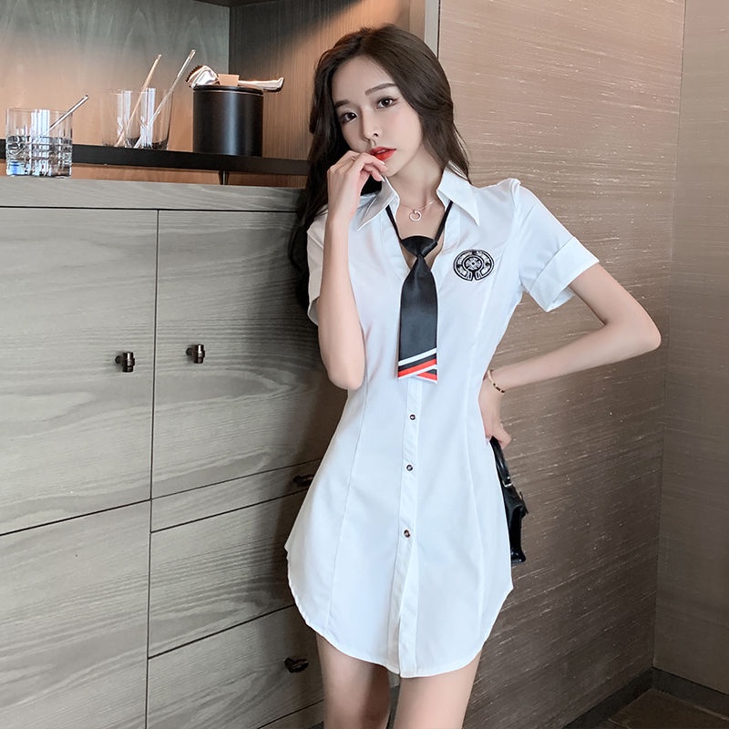 Áo Sơ Mi Đồng Phục Ngắn Tay Cổ Chữ v Ôm Dáng Quyến Rũ Mẫu Mới 2023 Thời Trang Xuân Hè Cho Nữ