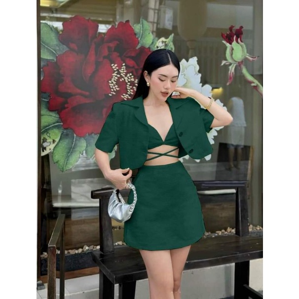SET 3 MÓN: KHOÁC CROP VEST KÈM BRA CỘT DÂY EO + CHÂN VÁY  6M