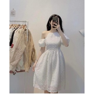 Đầm trễ vai cổ yếm chất ren lông- váy babydoll nữ dáng xòe tay bồng công chúa dự tiệc đi chơi đám cưới hàn quốc ulzzang