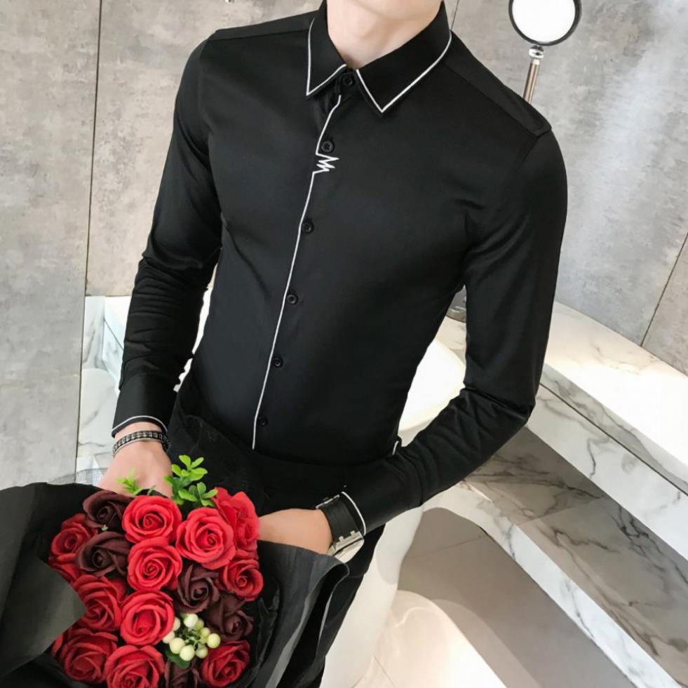 h Áo sơ mi nam, sơ mi dài tay cổ Đức, Thêu viền tay, cổ và cúc áo nổi bật mới lạ. Mã N10 . | BigBuy360 - bigbuy360.vn