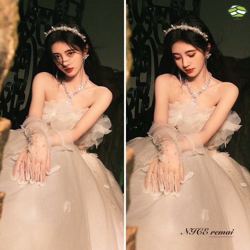 Găng tay ren tiểu thư bèo - Găng tay dáng ngắn - dáng dài đính đá