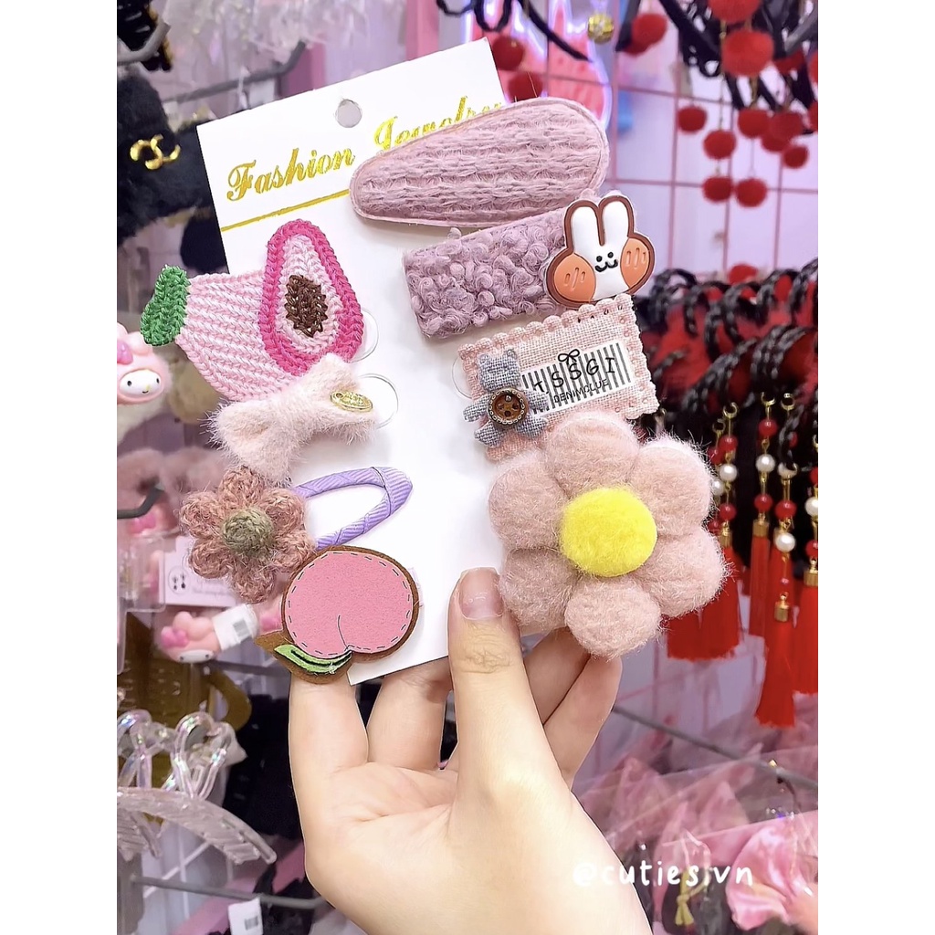 Set Bộ kẹp tóc công chúa bằng vải lông dễ thương họa tiết hoạt hình cho bé gái