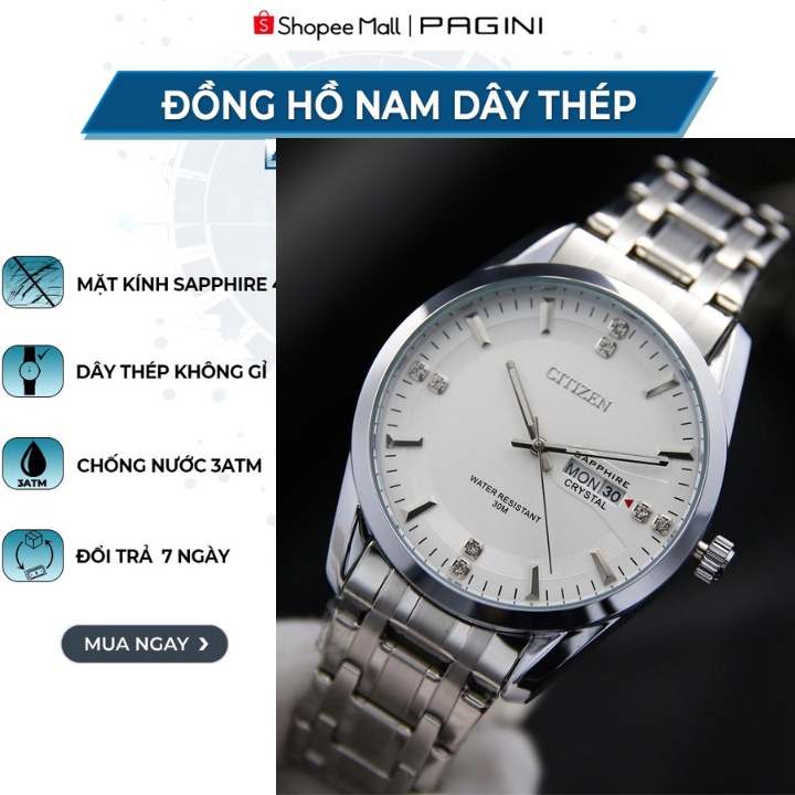 Đồng Hồ Nam Citizen Dây Thép Không Gỉ Cao Cấp - Hiển Thị Lịch Ngày & Thứ Đẳng Cấp - Mặt Đính Đá Nhân Tạo