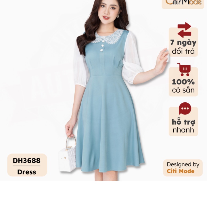 (2HAND) Đầm công sở thiết kế cao cấp CITI MODE dáng xòe cổ ren đính ngọc tay lỡ DH3688