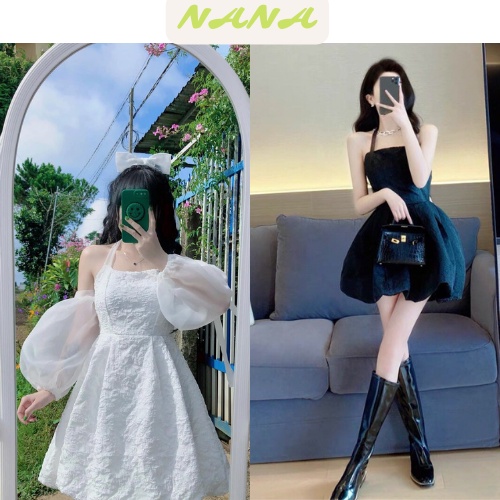 Váy cổ yếm gấm xốp tiểu thư sang chảnh kèm tay bồng vải voan 2 bên tháo rời/đầm nữ dự tiệc dễ thương ulzzang nanastore