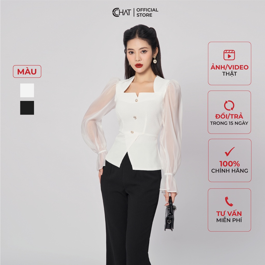 Áo Kiểu Nữ 𝐂𝐂𝐇𝐀𝐓 Cổ Phối Tay Nhún Tơ Chất Xốp Cao Cấp Mềm Mịn 13ADX8002PT