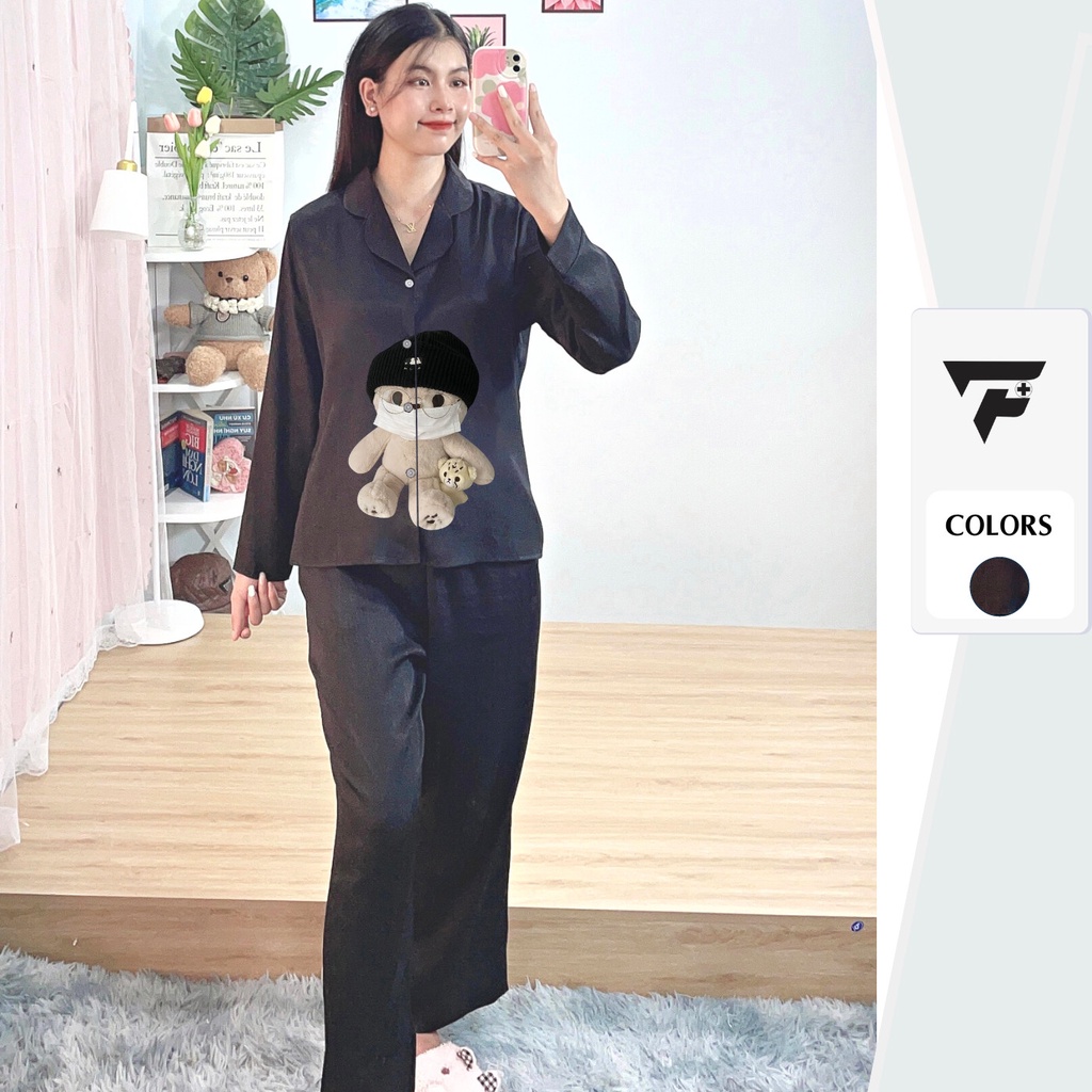 Bộ pijama TƠ TẰM ÁNH KIM T1 in hình gấu cute mặc nhà mặc ngủ tay dài quần dài