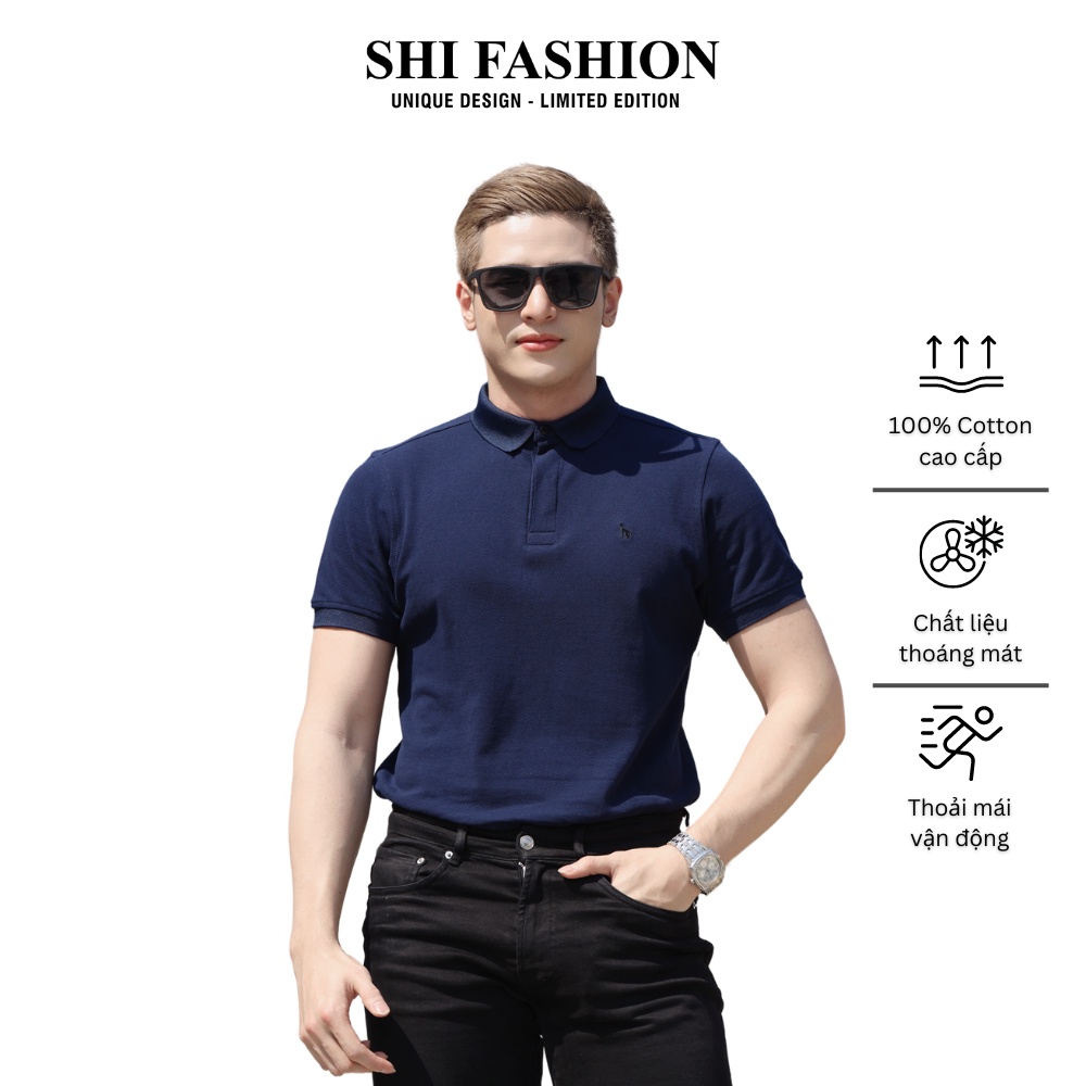 Áo polo nam tay ngắn có cổ xanh dương đậm, thiết kế thời trang nam tính | Shi Fashion