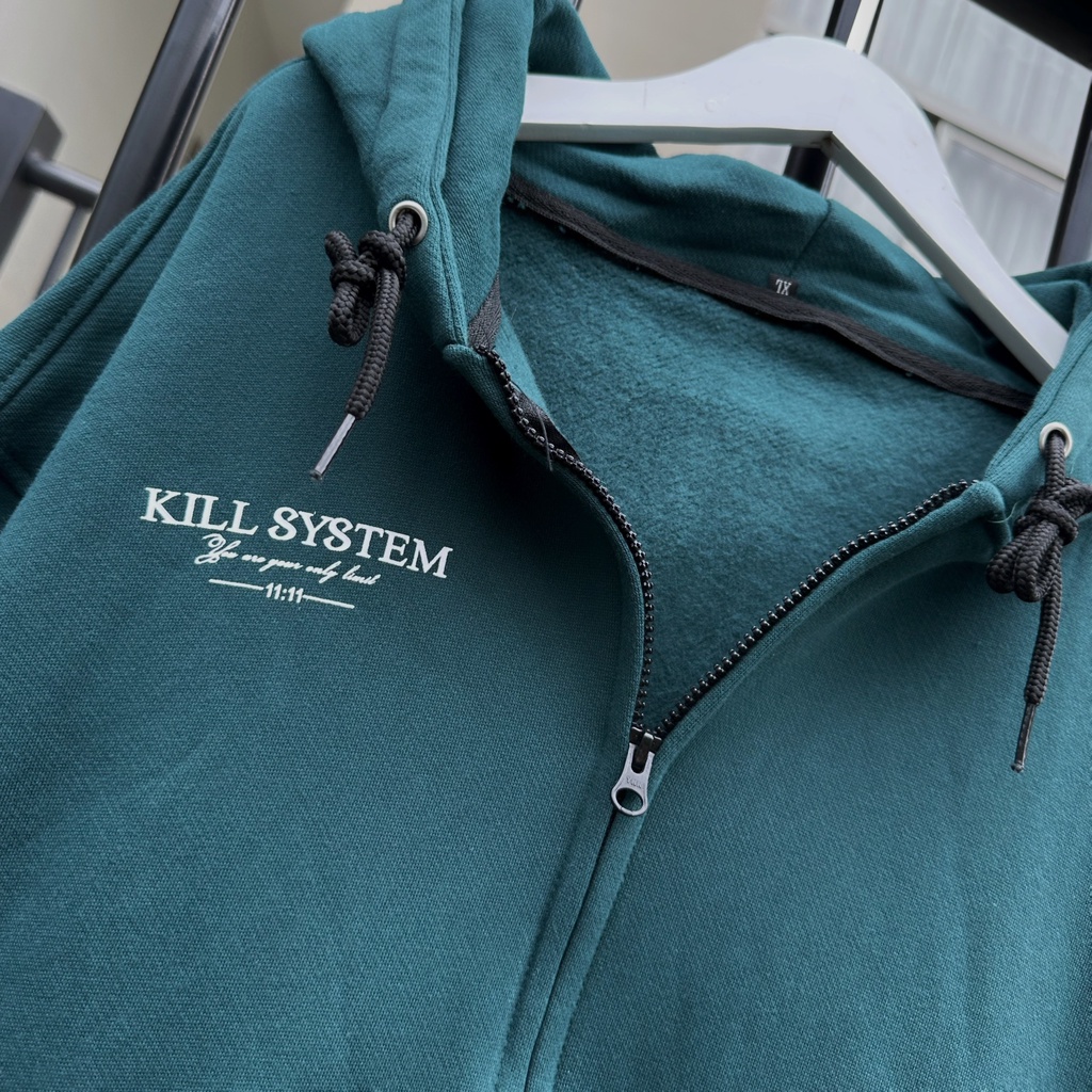 Áo khoác hoodie zip có nón vải nỉ in họa tiết KILL_SY.S màu xanh rêu form rộng unisex nam nữ _SSSTore