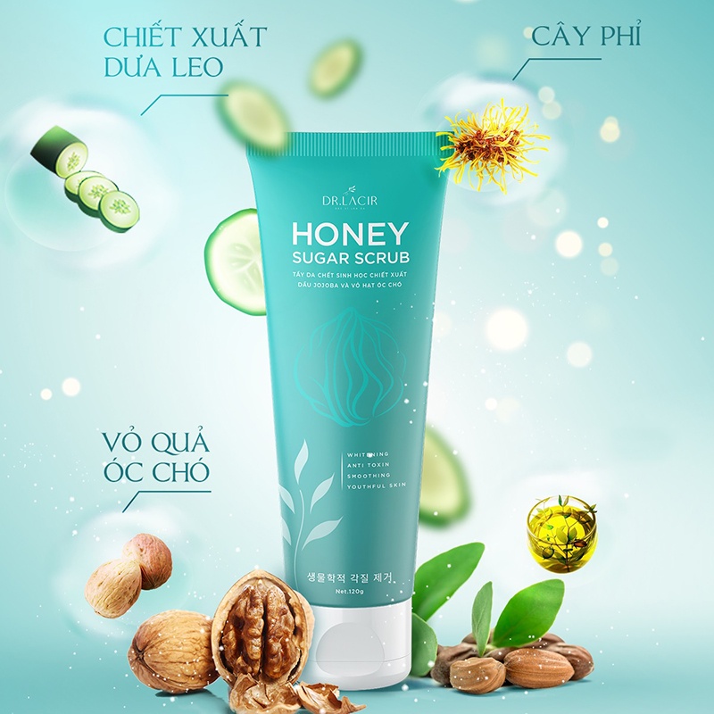 Tẩy da chết sinh học Honey Sugar Scrub thương hiệu Dr.lacir trọng lượng 120gr và 25gr