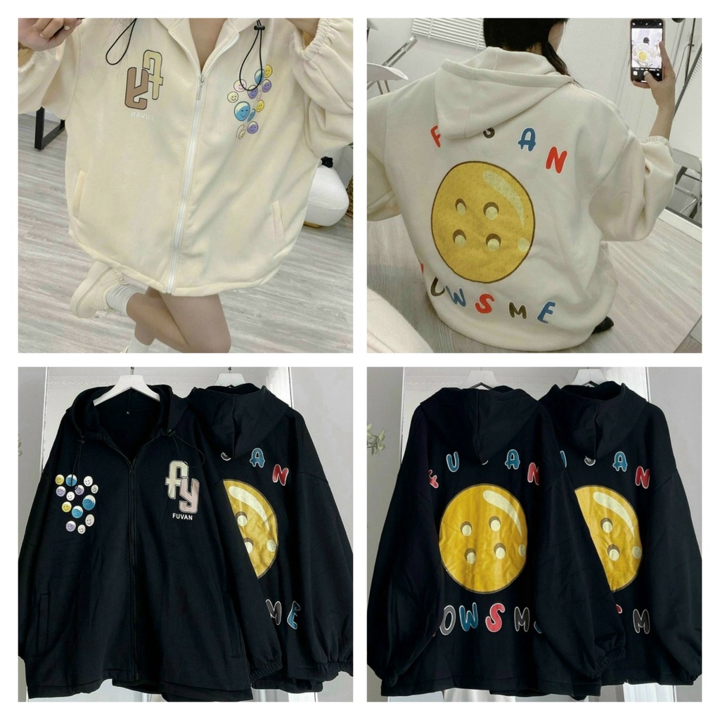 Áo Khoác Hoodie Họa Tiết Mặt Cười Phối Chữ Nón 2 Lớp Vải Dày Form Rộng Rãi Thoải Mải TP