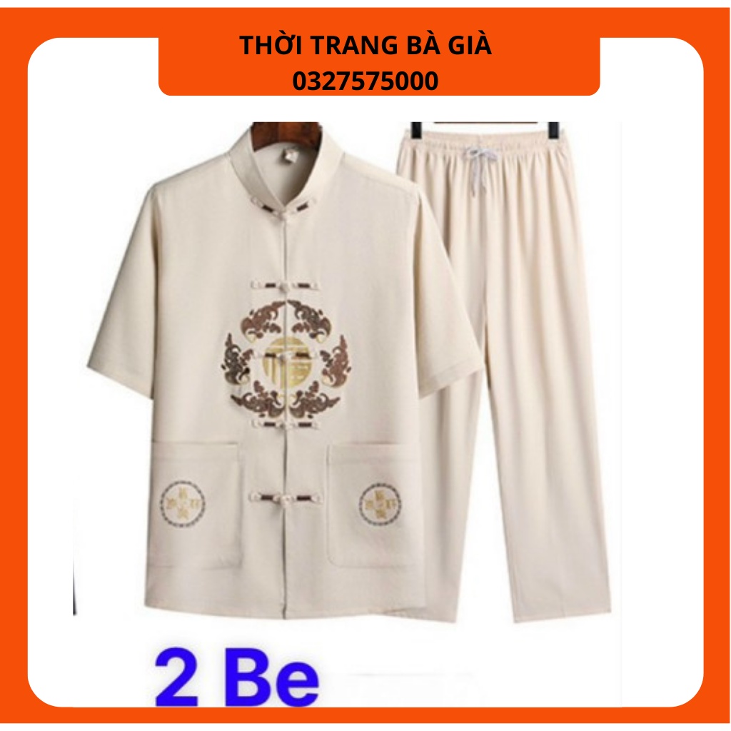 Bộ đũi lanh cổ tàu cộc tay màu trơn thêu họa tiết sang trọng cho nam trung niên , cho Ông, cho Bố
