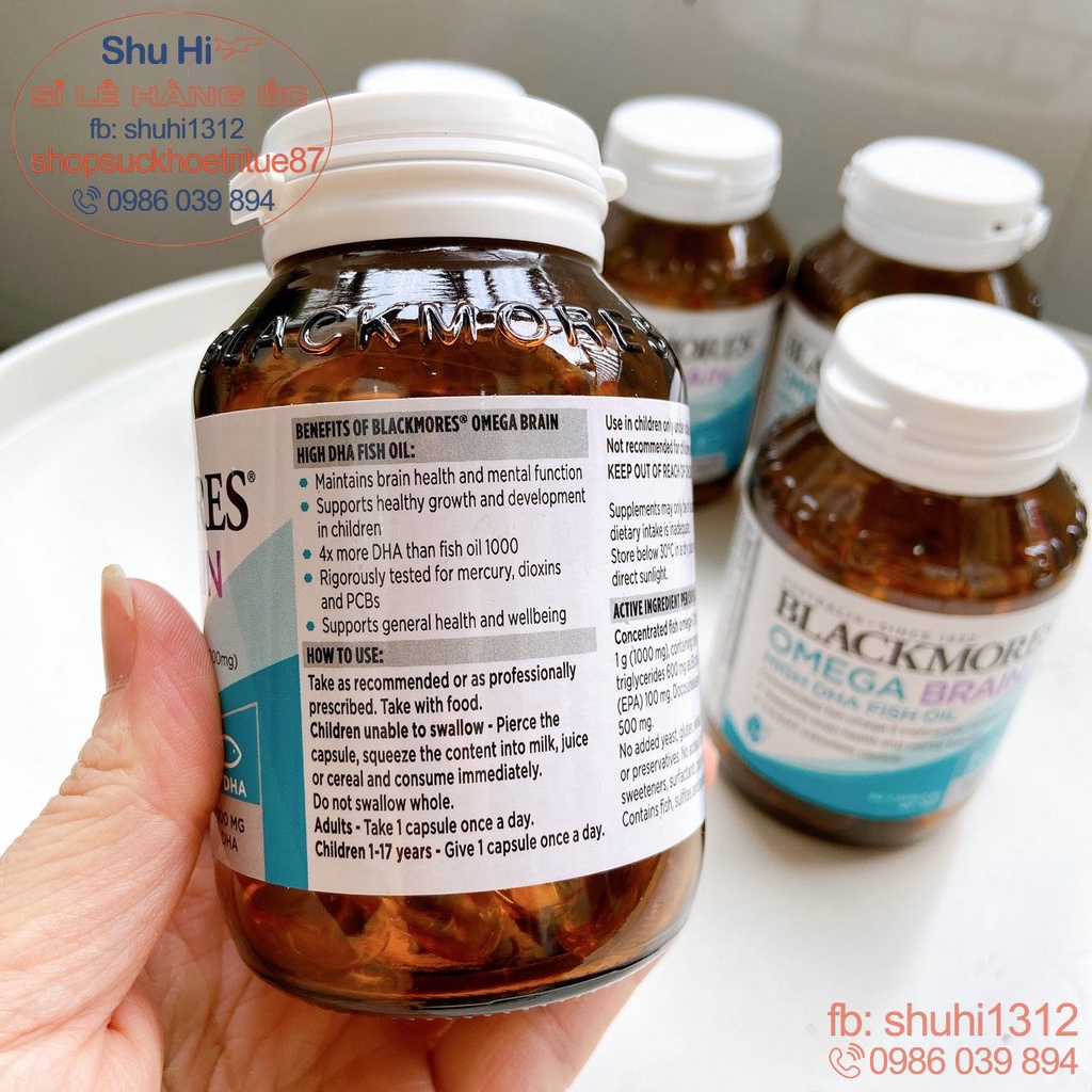 Viên uống dầu cá hàm lượng cao gấp 4 lần Dha, Blackmores Omega Brain High DHA Fish Oil lọ 60 viên Úc, sáng mắt, bổ não