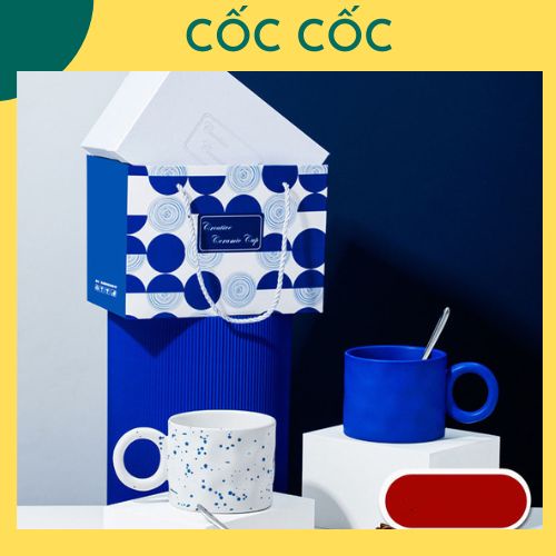 Cốc ly sứ men xanh trắng hộp quà tặng Cốc Cốc 450ml 2 màu trắng xanh đựng trà, cafe, nước, dùng hàng ngày, làm quà