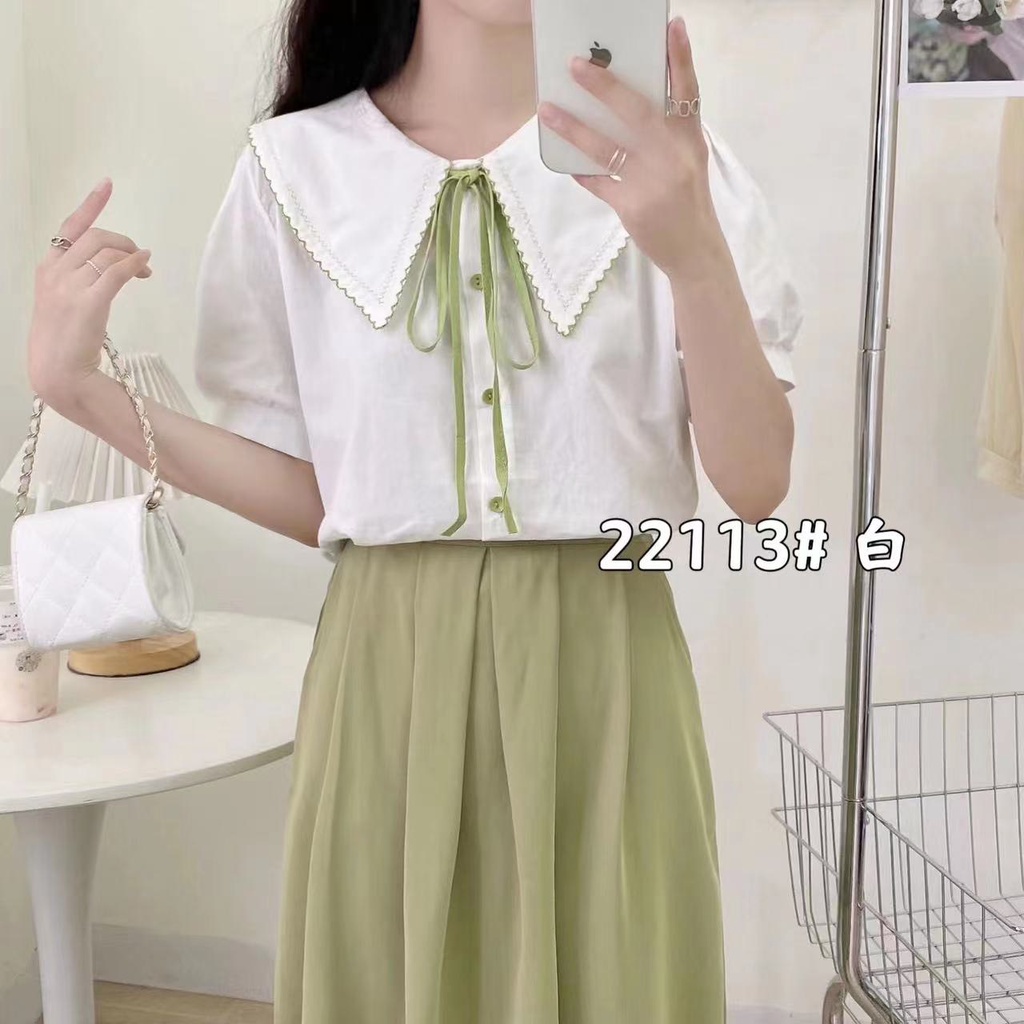 Áo sơ mi cộc tay cổ lá sen may cách điệu có dây buộc nơ - Mẫu A19 - (Hàng loại 1, có 4 màu)