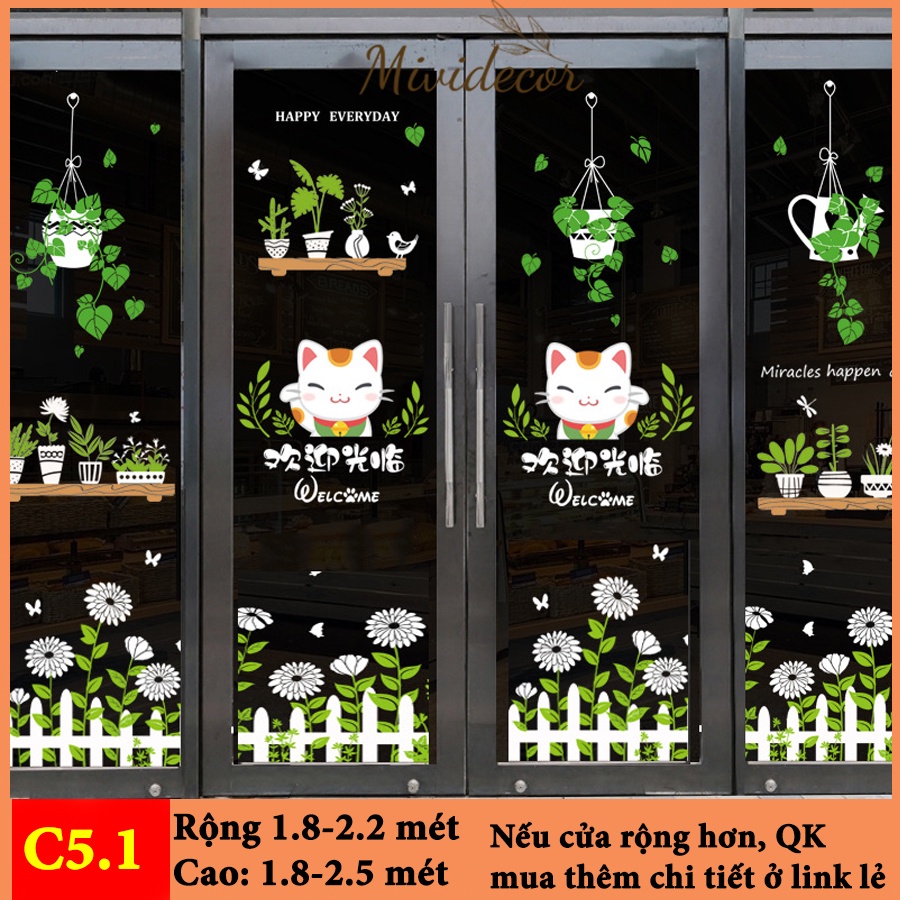 Decal dán kính Mividecor dán cửa kính 3 giỏ hoa nhìn được 2 mặt C5.1 giỏ hoa kệ hoa mèo chân hoa to trang trí kính