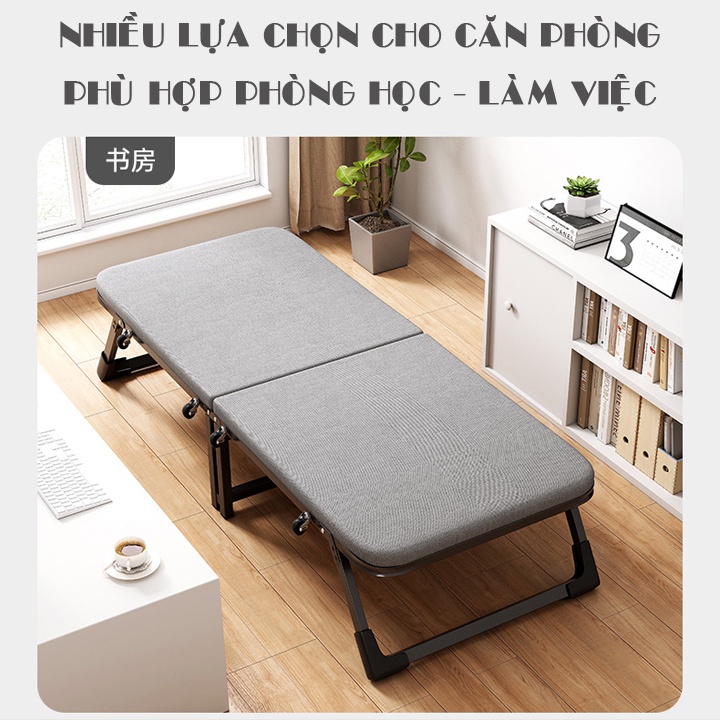 Giường Gấp Gọn AMYLY Giường Gấp Văn Phòng Cao Cấp Màu Xám, Có Bánh Xe Đệm Dày 4cm Kích Thước D183*R63*C38Cm