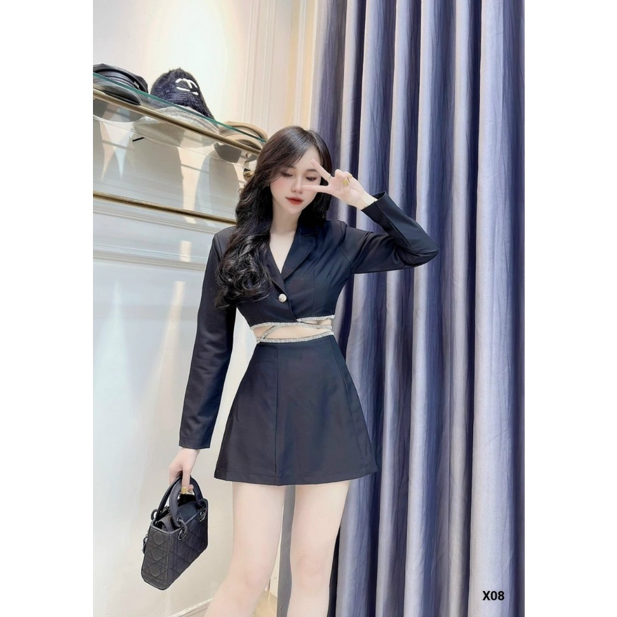 Set đồ nữ đi chơi cá tính với chân váy chữ a cá tính kèm áo croptop kiểu nữ cổ vest tay dài chất cotton