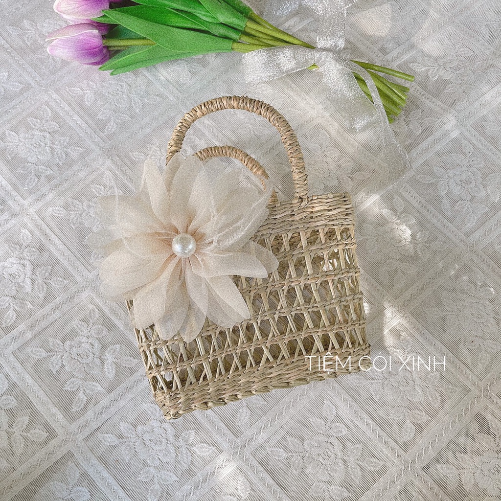 Túi Cói Mini Cho Bé Đan Mắt Cáo Dùng Làm Đạo Cu Chụp Ảnh