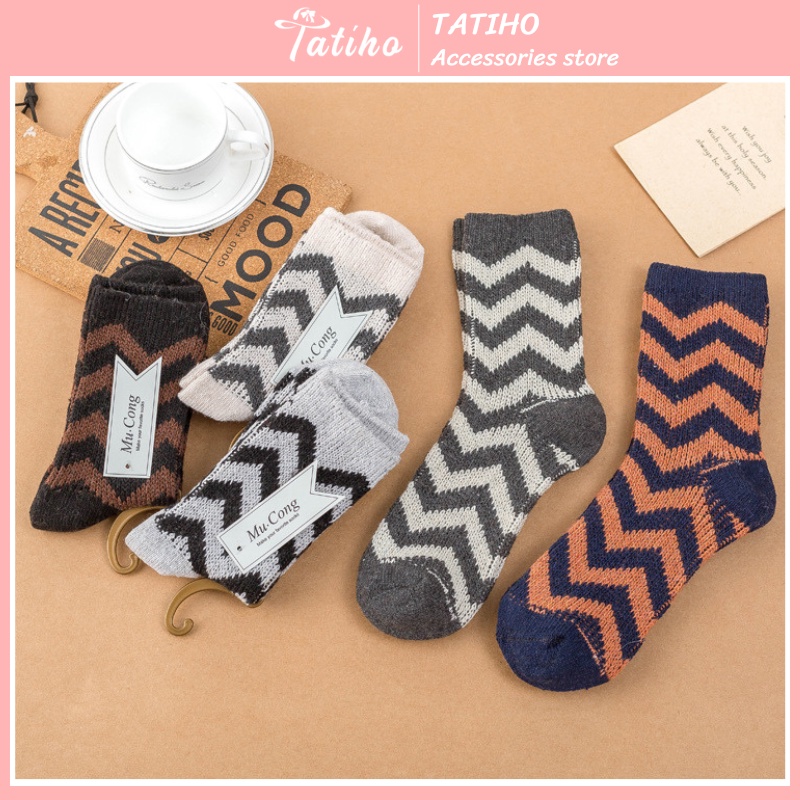Vớ Tất cổ cao unisex nam nữ chất liệu len dệt mềm mịn họa tiết sóng phong cách vintage thời trang thu đông - mã TV032