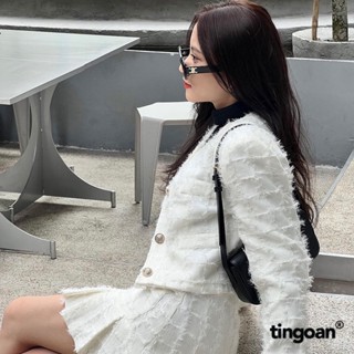 TINGOAN® - Áo khoác tweed kẻ ô lông trắng cổ tròn đính cúc đá lấp lánh SPARKLE BABY TWEED JACKET/WH