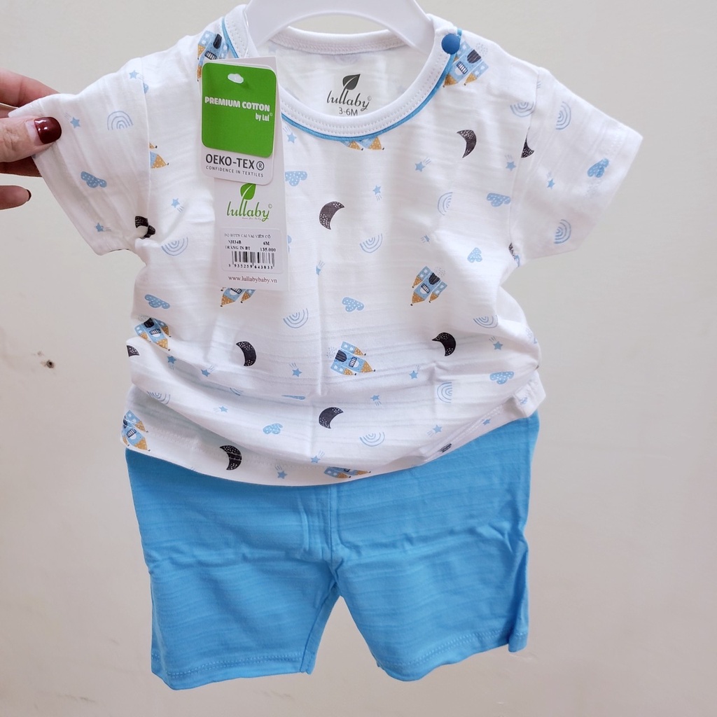 Lullaby bộ quần áo cộc tay mùa hè cúc vai vải cotton xước mát thoáng khí bé trai bé gái