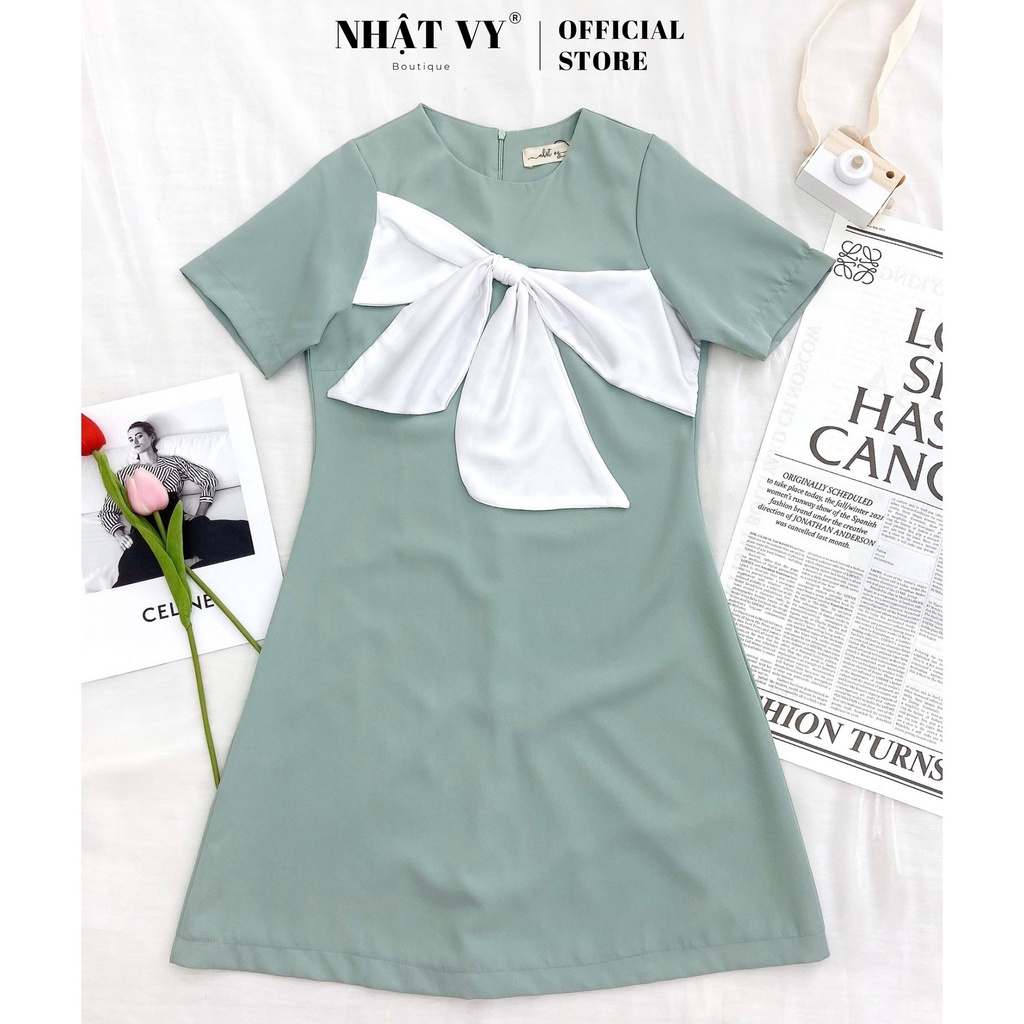 Đầm đi chơi Nhật Vy cổ tròn tay ngắn phối nơ ngực dáng suông chất cotton phù hợp dạo phố, công sở thanh lịch - D2479