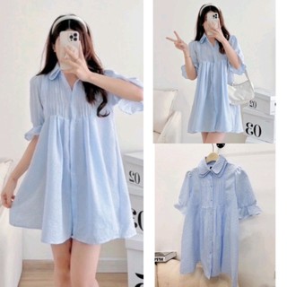 Đầm Sơ Mi Babydoll Xốp Kẻ Xanh Cổ Sen Tay Lỡ Xếp Ly Form Rộng, Labibi