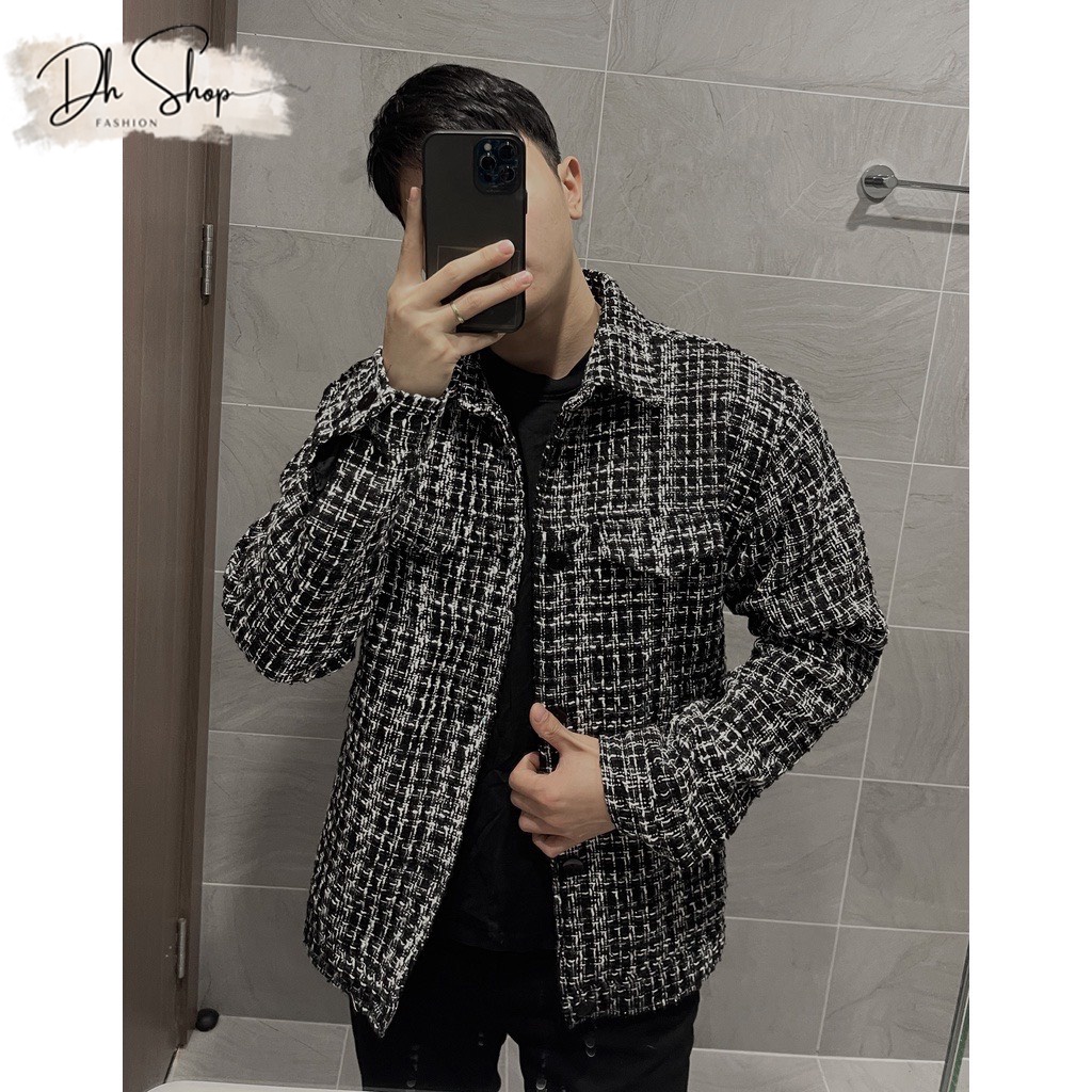Áo khoác dạ nam 2 lớp màu Ghi Đen chất liệu dạ TWEED nhập khẩu