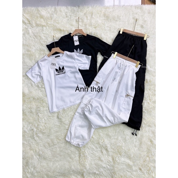 Set Bộ Áo Thun Croptop Logo Thêu AD Mix Quần Dài Suông Túi Hộp B150