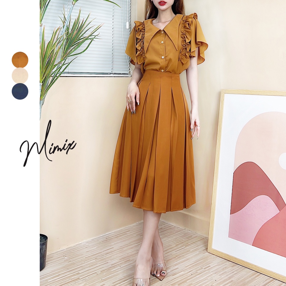 Set vest nữ áo tay bèo kèm chân váy xếp ly MIMIX CT8135 + CT9175