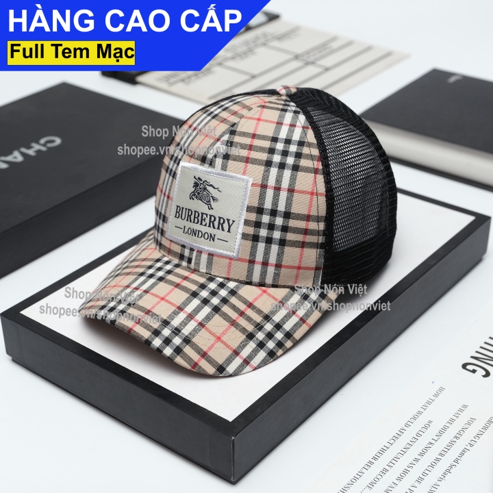 Mũ Lưỡi Trai Nón Kết Burberry Thêu Logo Vuông Phối Lưới Thoáng Mát Vải Kaki Cotton Màu Be Lưới Đen Form Đứng Thời T
