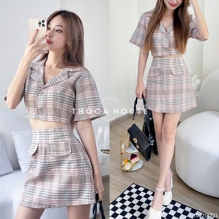 [XẢ HÀNG] Set vest trẻ trung croptop tay ngắn phối chân váy caro kem THOCA HOUSE chuẩn form