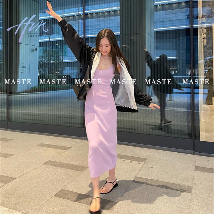 Đầm Hai Dây Dệt Kim Dáng Dài Màu Trơn Phong Cách Hong Kong Thời Trang Mùa Hè 2022 Cho Nữ